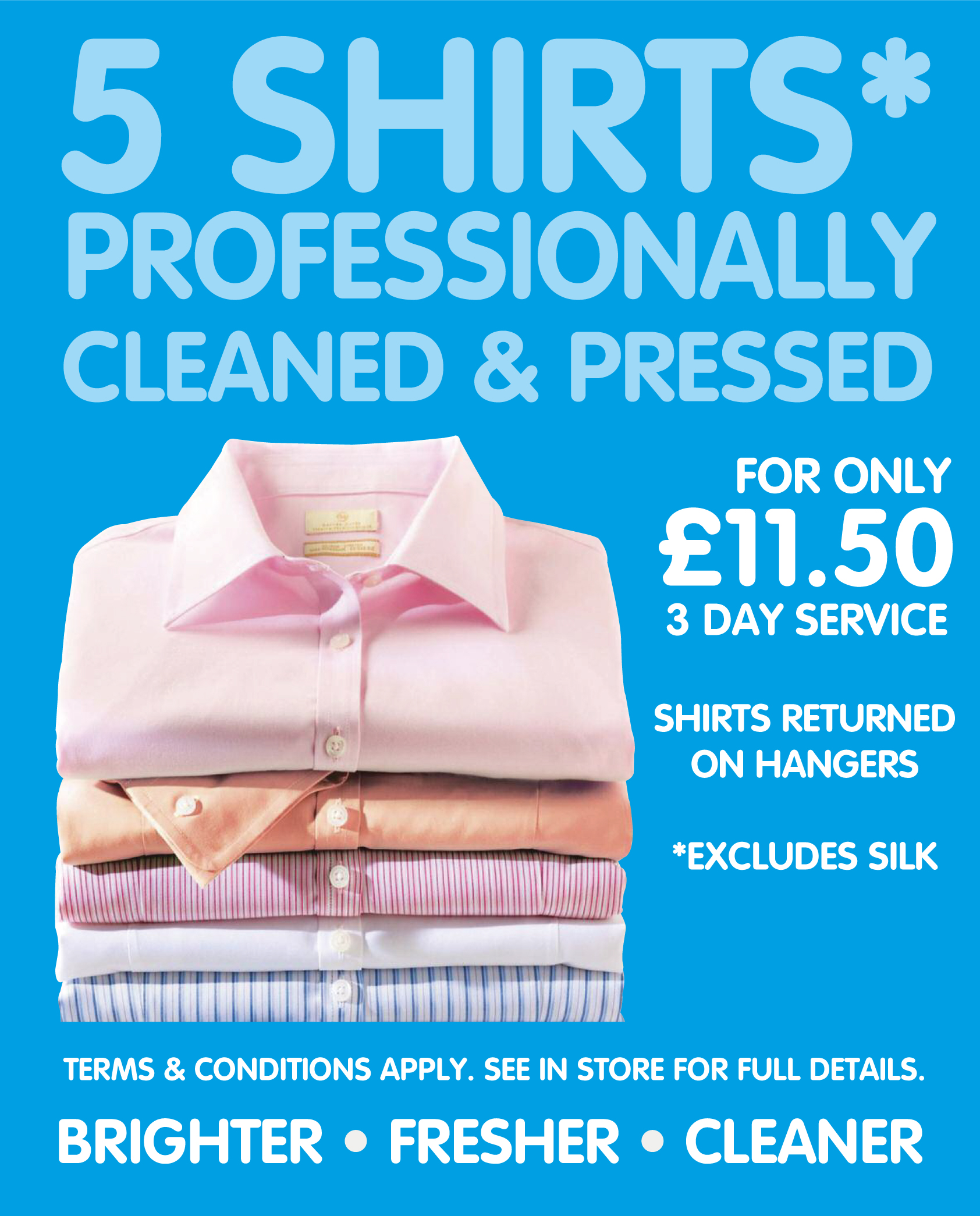 5 shirts cleaned and pressed for £11.50